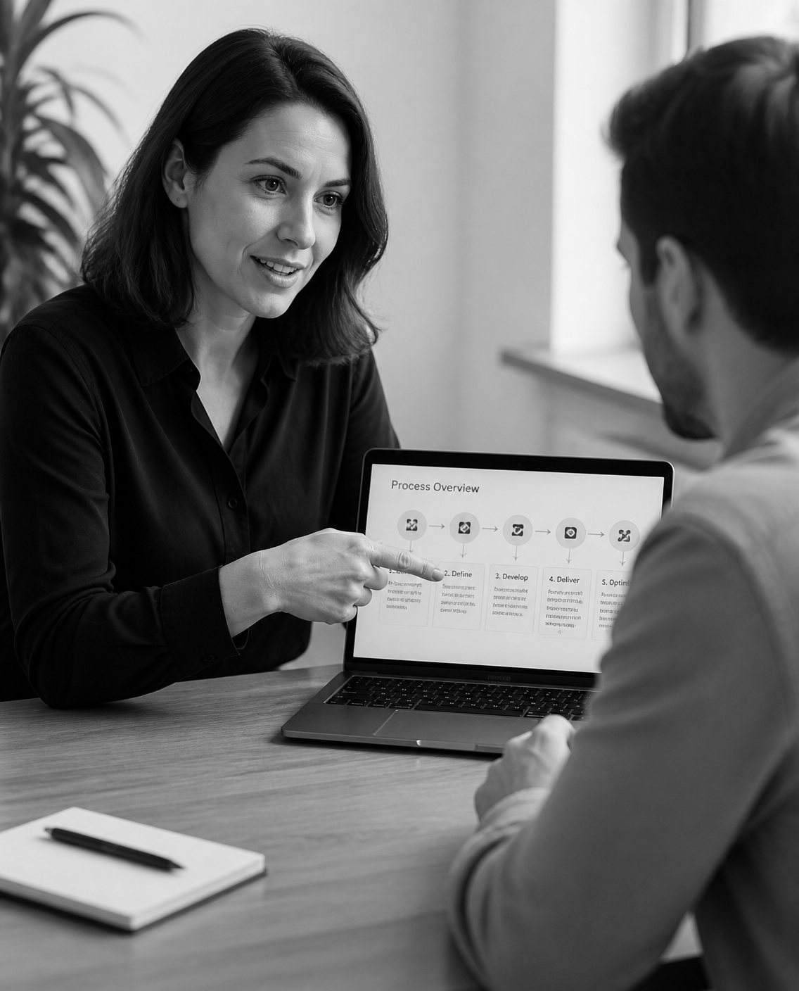 Consultant walking a client through a process on a laptop