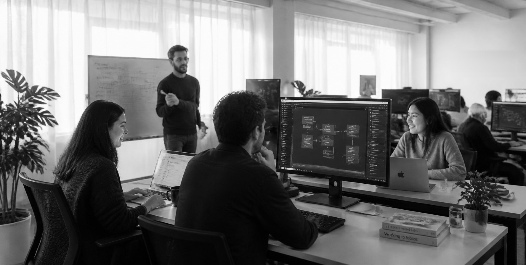 Team collaborating in a bright open-plan office with workflow software on screen